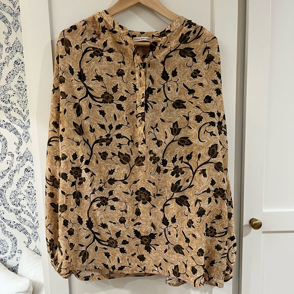 Ulla Johnson Beige and Black Floral Long-Sleeve Blouse